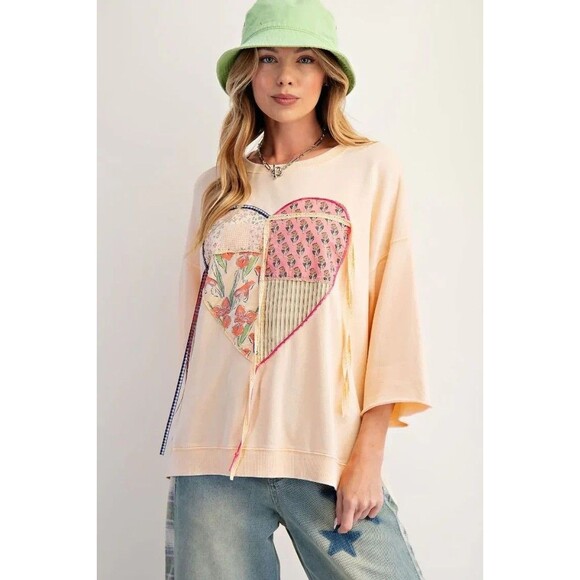 easel Tops - EASEL Size L Oversized Mineral Washed BOHO Heart Patch Top 100% Cotton - PEACH